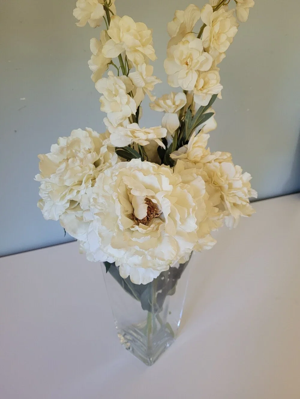 Silk White Flowers. Peonies, Rose and Delphiniums.